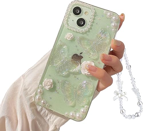 Miniatura 1 de Fycyko Compatible con iPhone 15 Plus 3D Butterfly Floral Clear con diseño estético para mujeres, adolescentes y niñas, con purpurina, bonito
