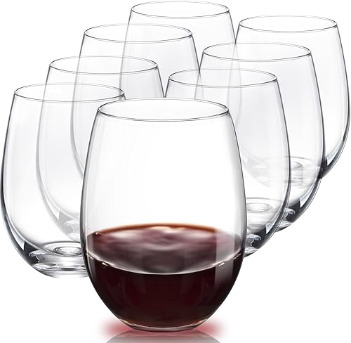 Juego de 8 copas de vino sin tallo, copas de vino tinto sopladas a mano, vasos de cristal para beber, vaso de vino de vidrio transparente, 18.5 oz