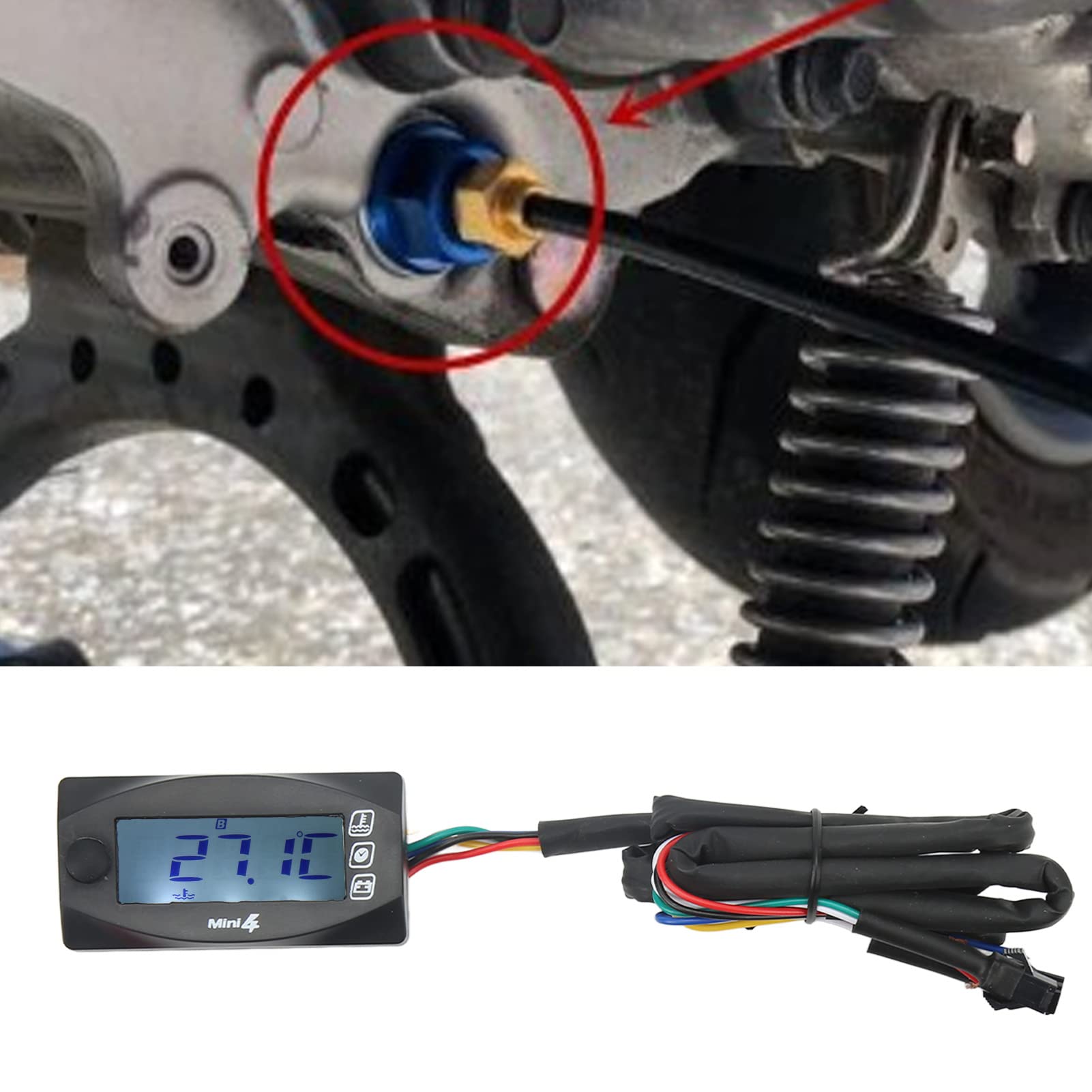 Motorrad-Öltemperaturanzeige, Präziser 4-in-1-LCD-Bildschirm, Einheitliche Digitalanzeige, Wasserdichte Motorrad-Spannungstemperaturanzeige, Dünn für Motorräder (M12x1,5)
