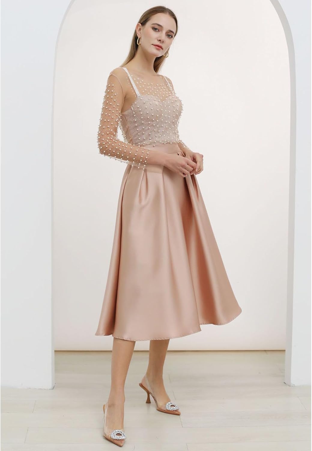 CHICWISH Women Sleek Pleated Midi Skirt A-Line Elastic High Waist Solid Flared Skirt with Side Pockets Coral - Image 7