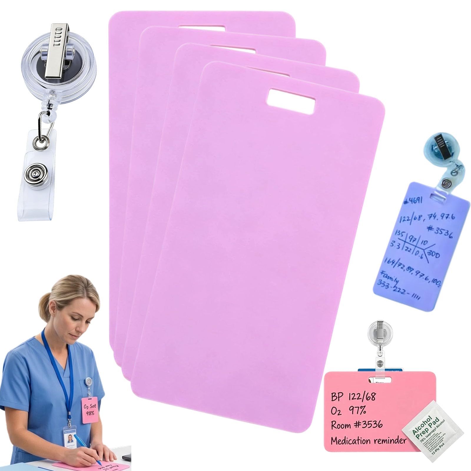 Erasable Badge Note,Vertical Horizontal Silicone Erasable Notepad Badge Set, Reusable ID Card Badges Reel Notepad for Nurses Doctor, Writable Whiteboard Clipboard with Badge Clip (purple2)