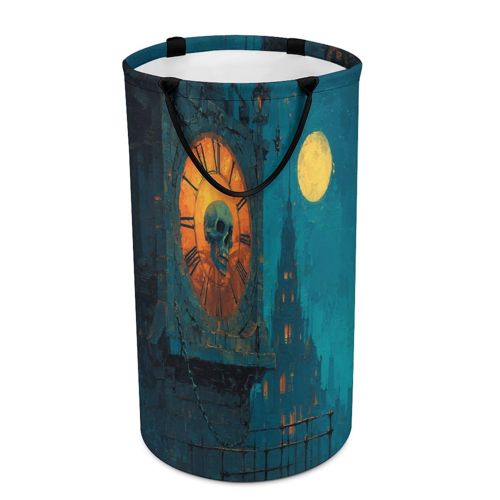 LUYYSKY Vintage Abstract Skull Clock Versatile Storage Laundry Basket, Gothic Realistic Full Moon Mid Century Tower Castle Skull Skeleton Large Bathroom Hamper With Handle-40 CM Dia, 69 CM High