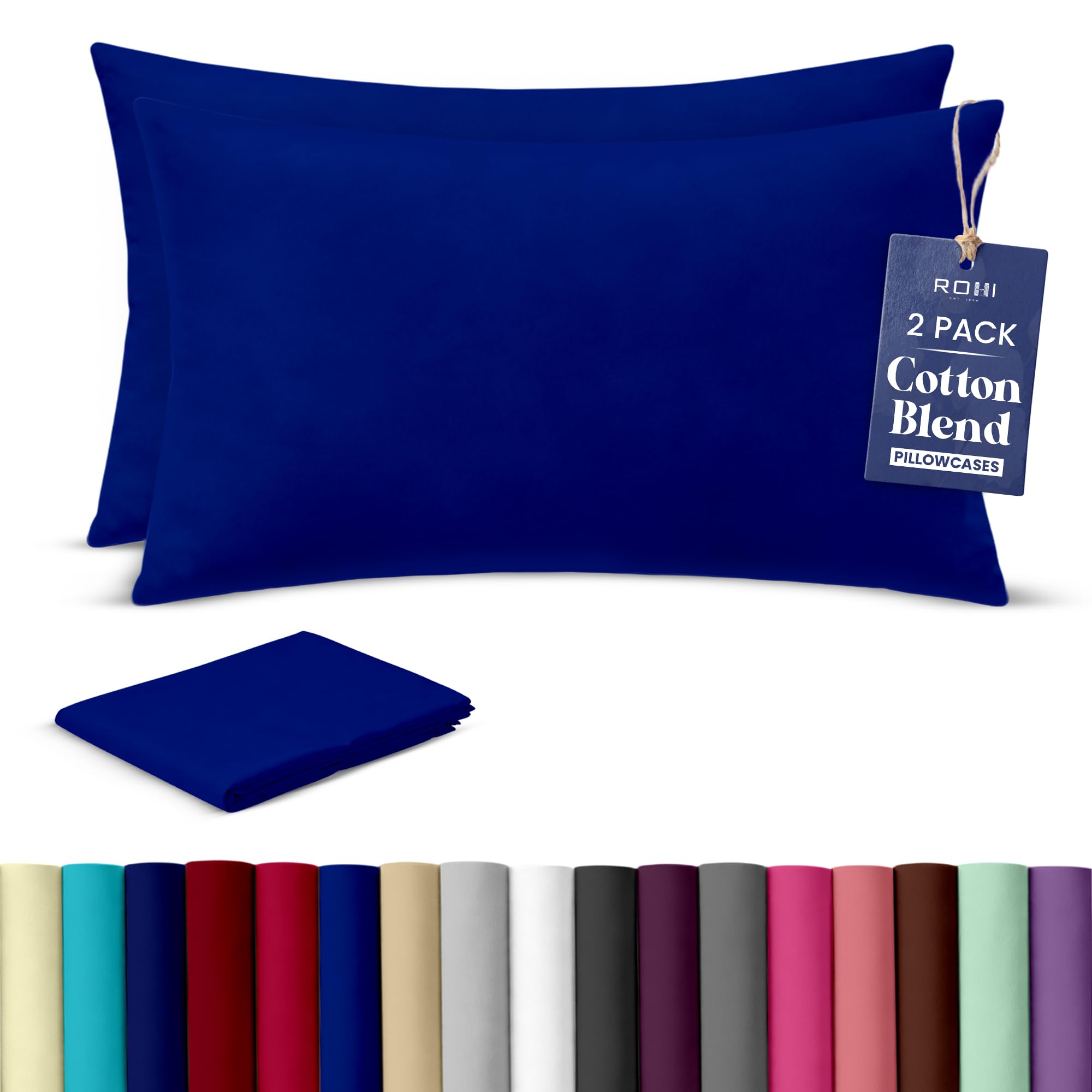 Rohi Luxury Navy Pillow Cases 2 Pack - (50×75cm) | Soft & Comfy Cotton Blend Pillow Covers with Envelope Closure | Breathable, Anti-Allergy, Fade & Wrinkle Resistant