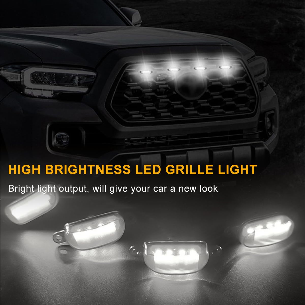 4 luces de parrilla delantera para automóvil, luces LED brillantes para parrilla con arnés de cableado, lámpara de advertencia decorativa impermeable para F150 F250 F350, accesorios exteriores 4