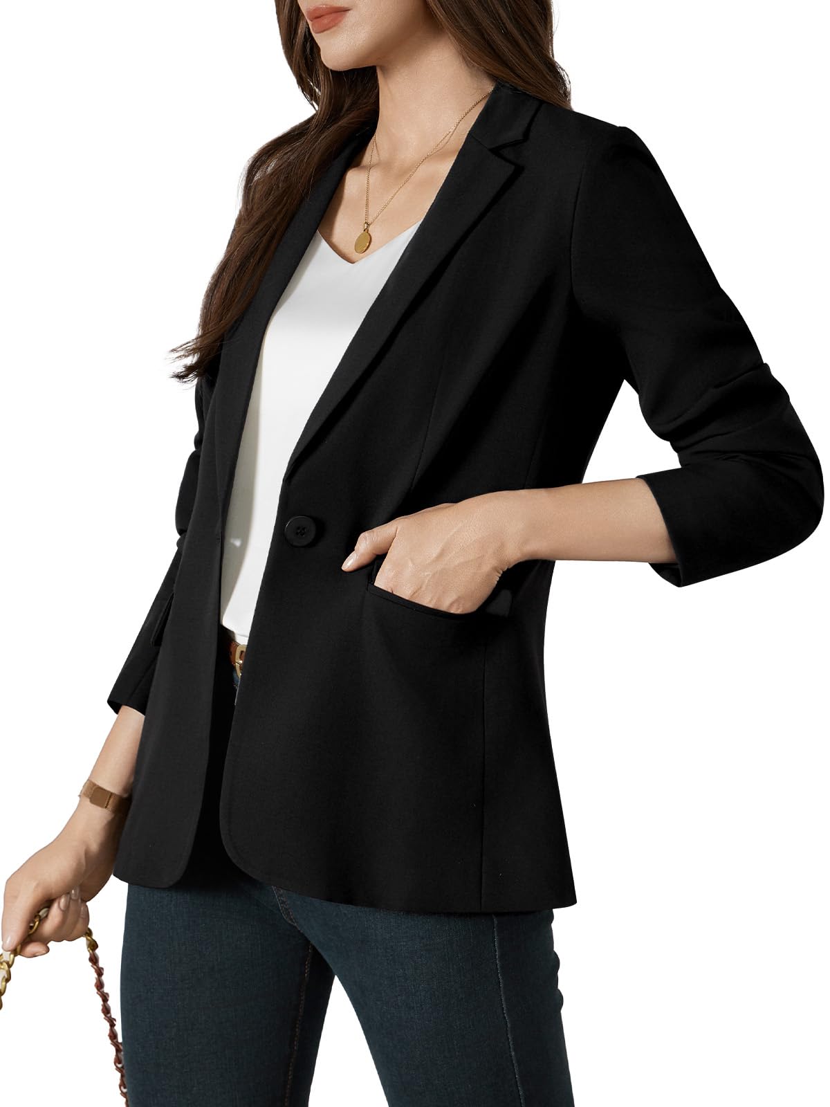 Blazer Femme élégant Business Casual Manches Longues Un Bouton Revers à Rabat Veste de Costume pour Bureau