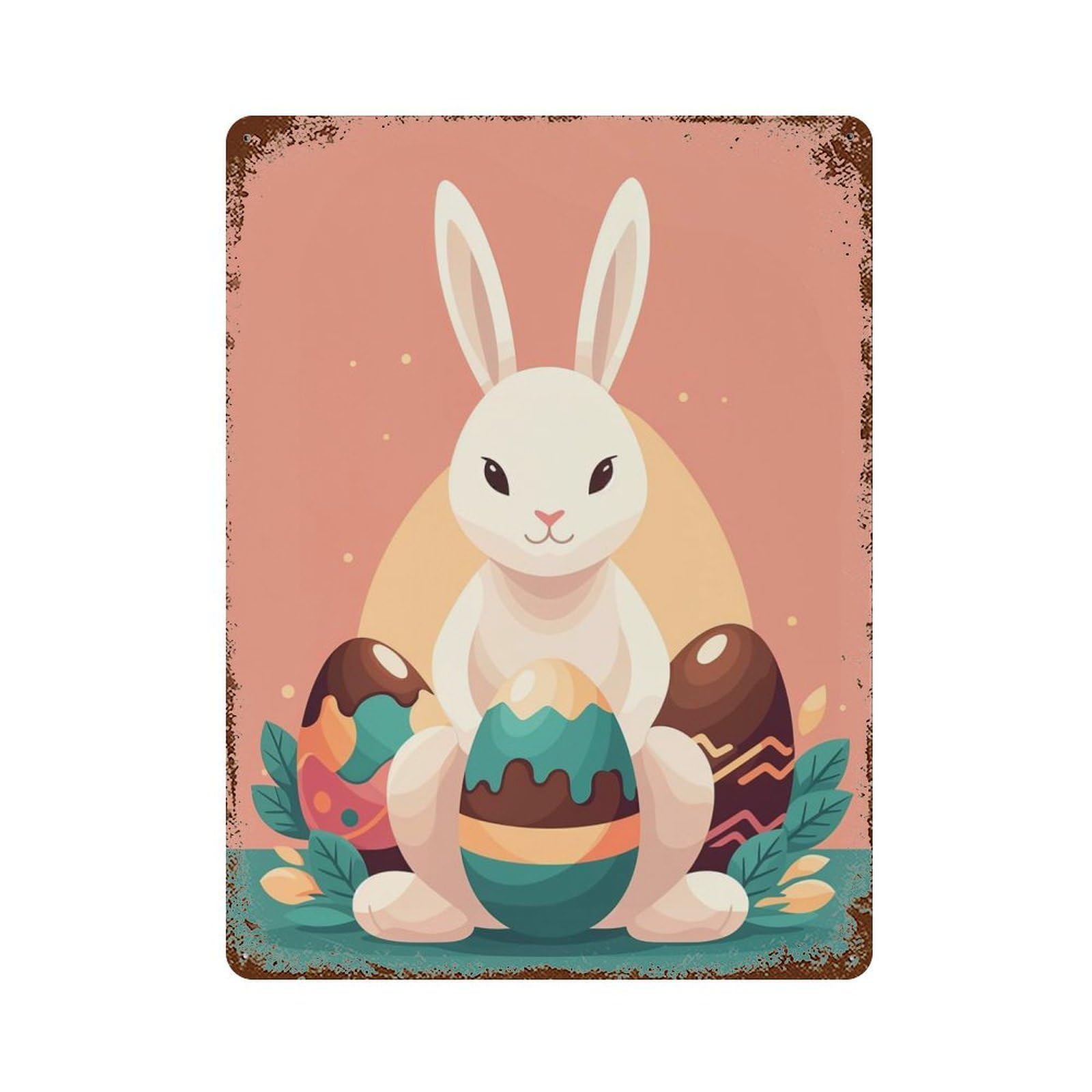 Easter Bunny with Eggs Aged Metal Wall Plaque 15.7"x11.8", Classic Wall Plaque for Garage, Pub Or Kitchen