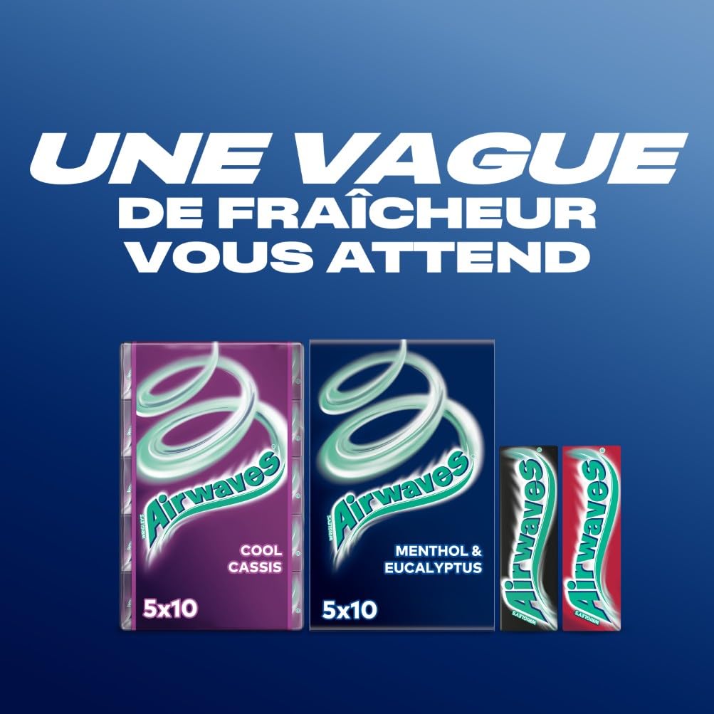 AIRWAVES Chewing Gum Sans Sucre Goût Menthol Eucalyptus Longue Durée 5 Paquets 10 Dragées 70g
