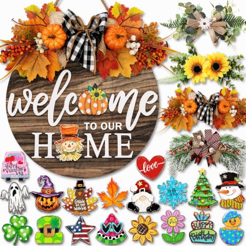 Interchangeable Welcome Sign for Front Door with 4 Seasonal Wreaths 21 Changeable Icons Farmhouse Rustic Outdoor Welcome Signs Porch Spring Winter Fall Decorations for Home House Warming Gifts