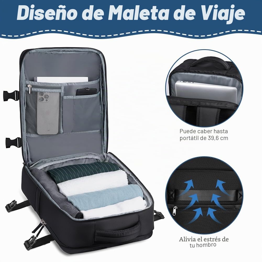 flintronic Mochila de Viaje Cabina Avion, 43x30x20 cm, Bolsa de Viaje Equipaje de Mano 35L, Mochila Unisex Impermeable con Puerto USB y Compartimento para Zapatos, para Portátil de 15,6 Pulgadas