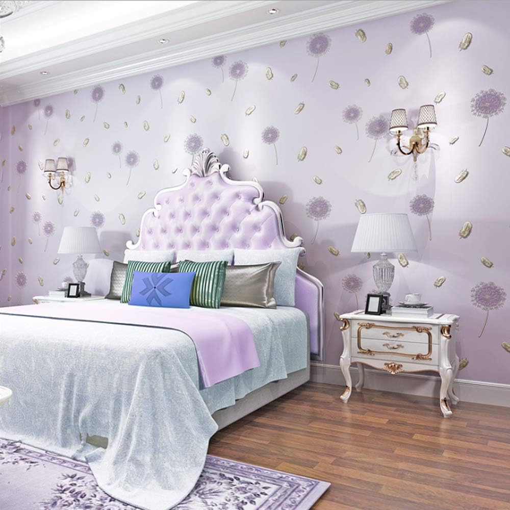 Q QIHANG Modern Minimalist Non-Woven Dandelion Wallpaper TV Background Wall Bedroom Living Room Hotel Clothing Store Pastoral Style Small Floral Non-Pasted Wallpaper 1.73'W x 32.8'L (Light Purple)
