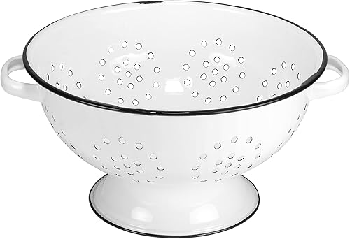 Miniatura 3 de Red Co. Enamelware - Colador redondo de metal clásico de 10.5 pulgadas con dos asas, borde blanco desgastadonegro
