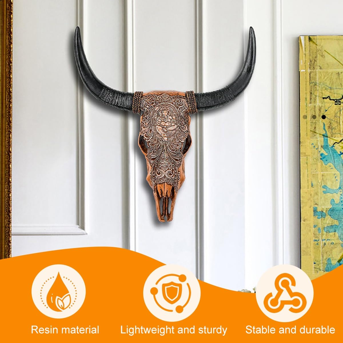 Cráneo de vaca sintética con cuernos largos, arte de resina para colgar en la pared, decoración de cabeza de taxidermia sintética, calaveras rústicas para bar, garaje o casa de campo
