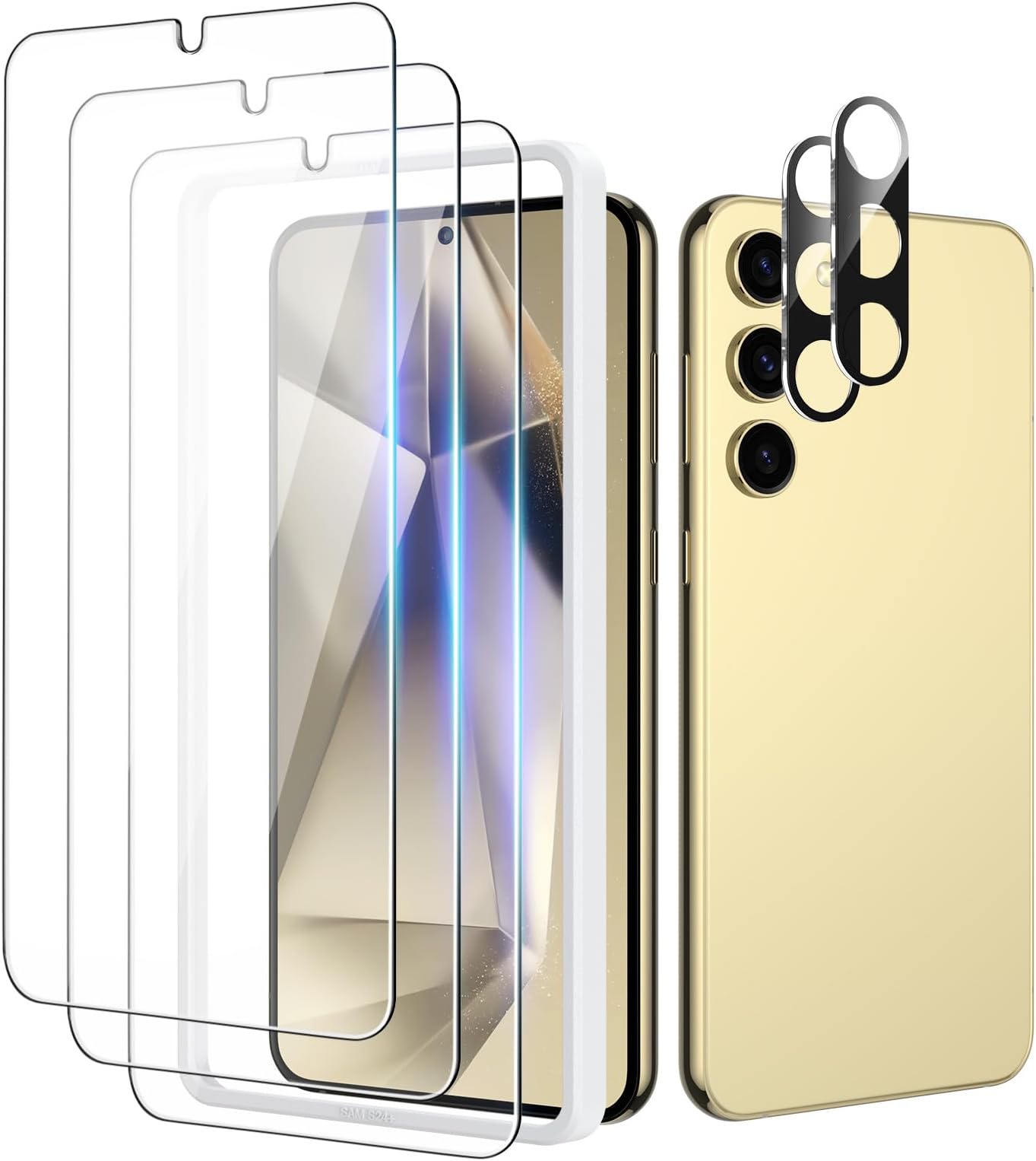 Mowei3+2 Pack for Galaxy S24 Plus Screen Protector with Easy Installation Frame, [Support Fingerprint] 3X Tempered Glass & 2X Camera Lens Protector, Case Friendly for Samsung S24+ (2024)