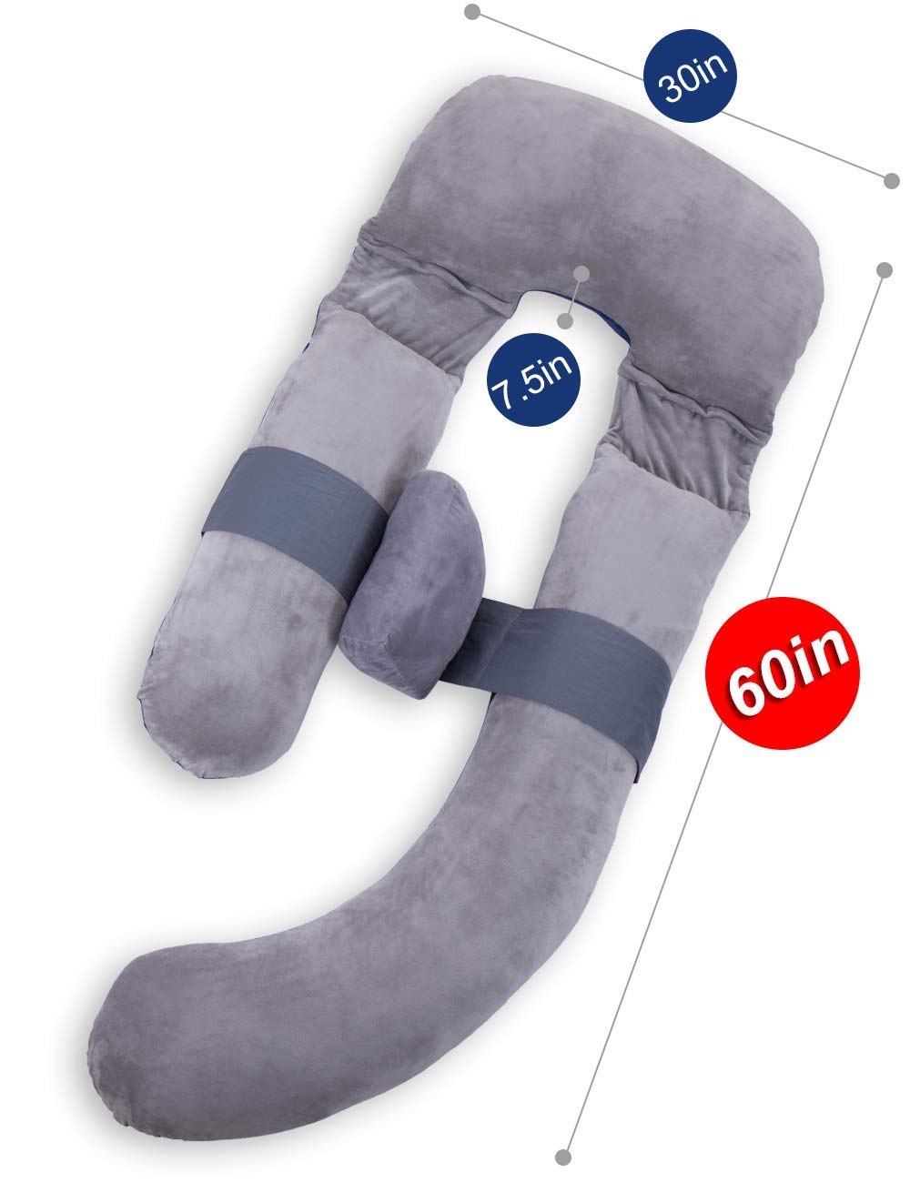 Pulgadas Almohada Maternidad y Embarazo | Almohada Extra Grande en Forma de U con Lado Desmontable, Almohada de Apoyo Independiente y Funda extraíble (Azul,Gris)