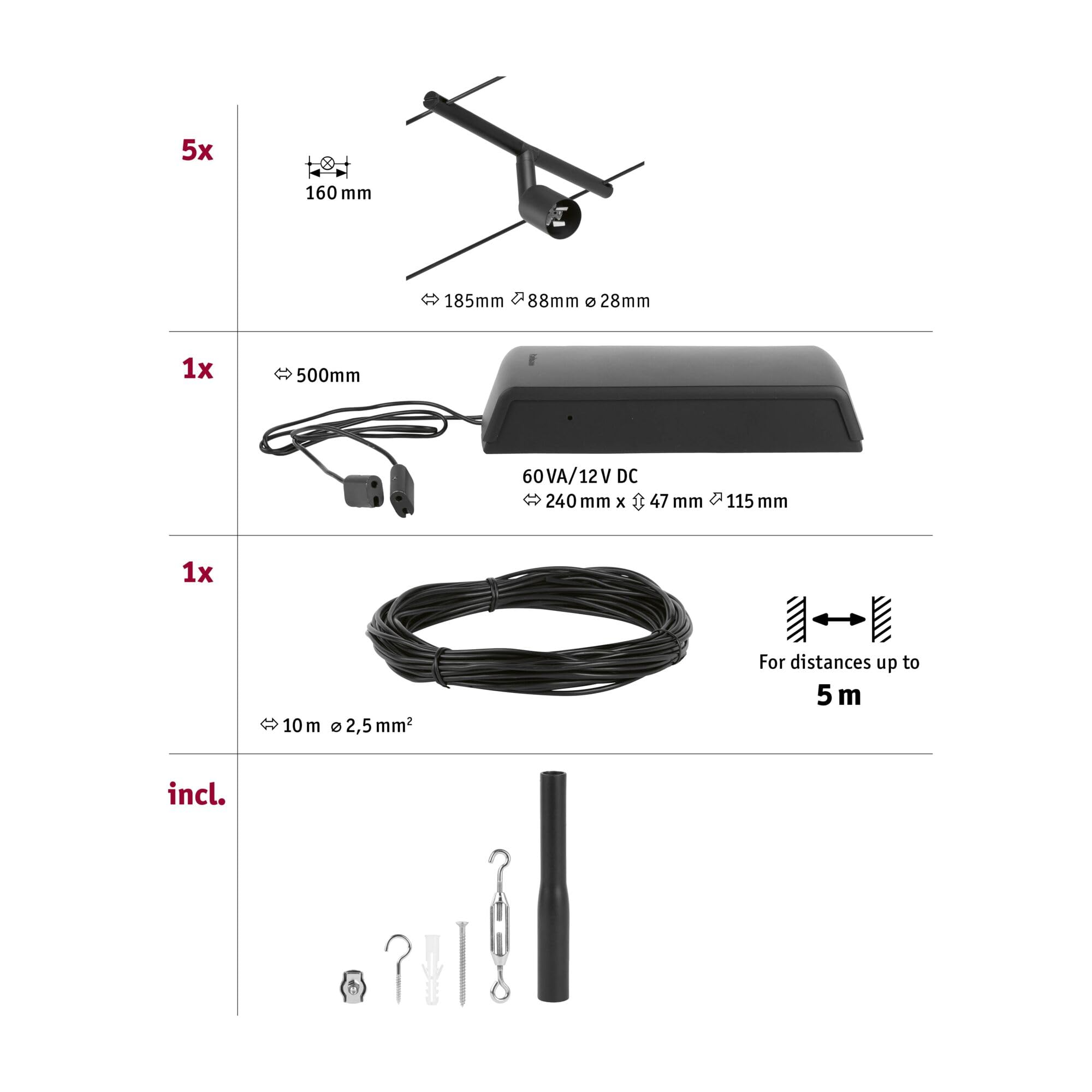 Paulmann 94446 CorDuo Set Système de Câbles Salt DC 5 x 10 watts max, Éclairage Extensible Noir Mat Câble Métallique Matière Plastique GU5,3 Système de Câbles sans Ampoules