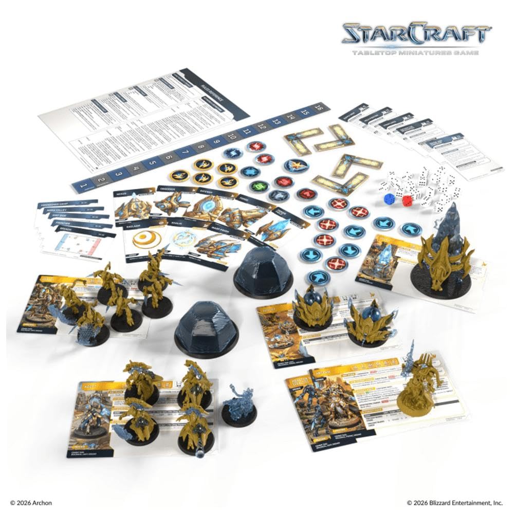 Archon Studio Starcraft: The Miniatures Game - Protoss Starter Set Founders Edition, miniature non verniciate, dadi, carte e gettoni, SCMG0003
