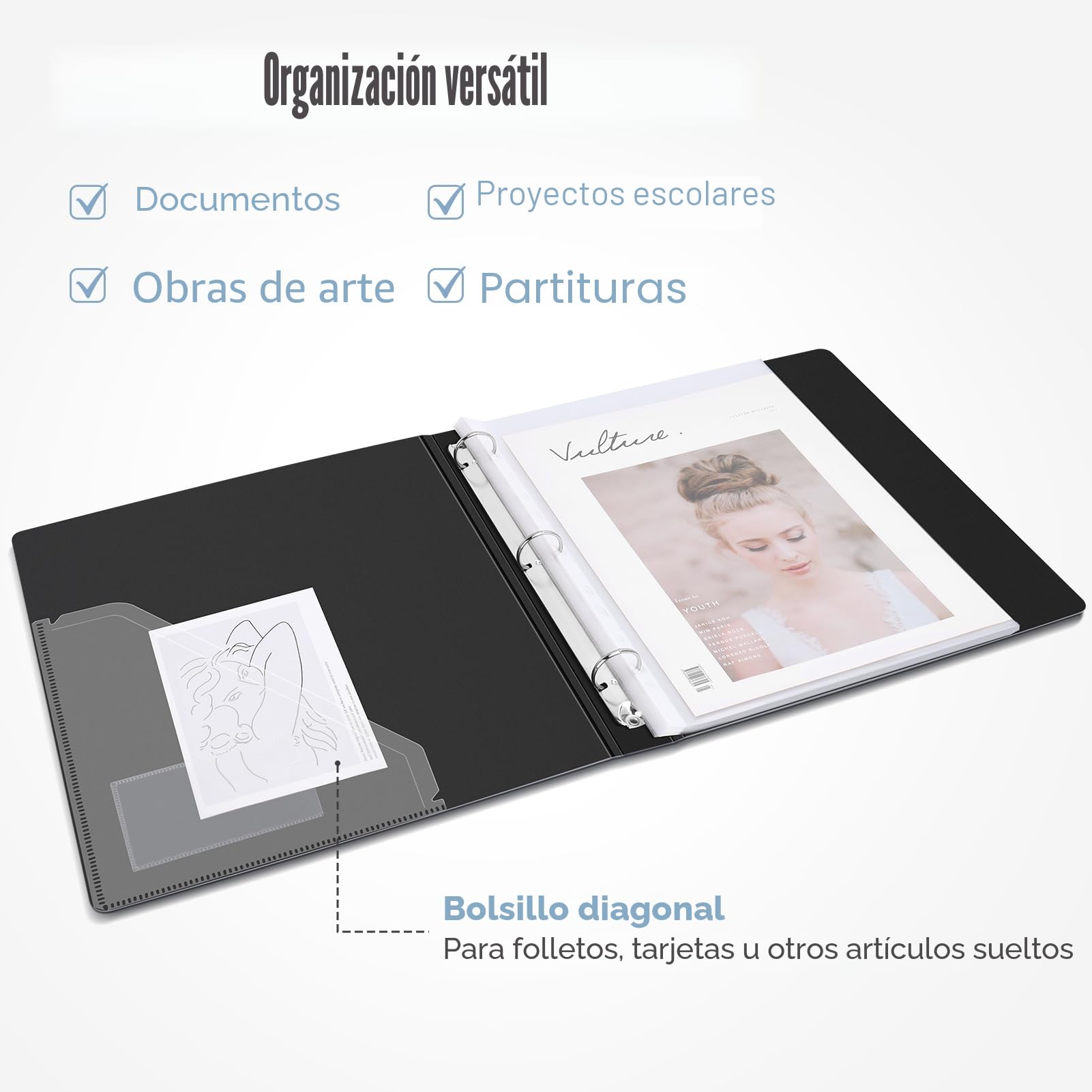 Uquelic Carpeta Anillas A4 Archivador Presentación 80 Fundas Plástico 6 Páginas Divisorias PP Negro