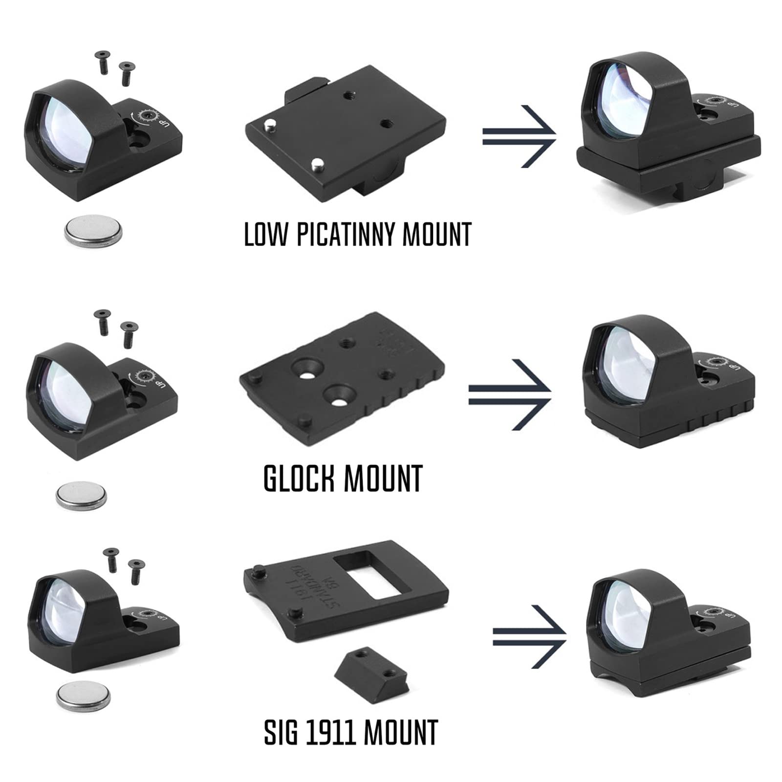 Objetivo táctico de 3,5 Moa Red Dot con Montaje Picatinib de 20 mm, Montaje Glock y Montaje Sig.