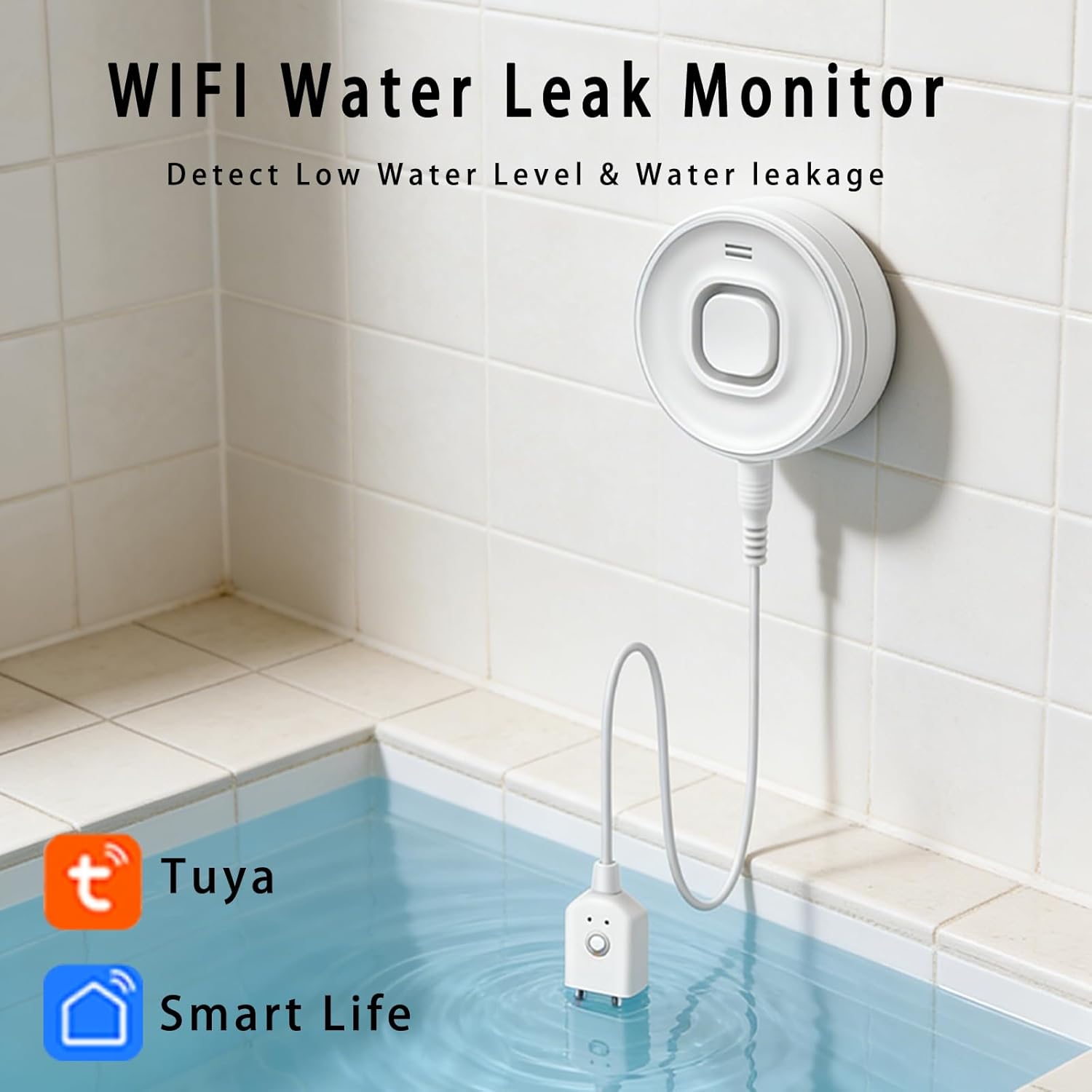 Water Alarm Leak Detector, Water Leak Detector with Cable, 100dB Adjustable Sound Alarm & Real-Time App Alerts WiFi Water Sensor for Home, Kitchen, Bathroom, Warehouse, 3 Packs