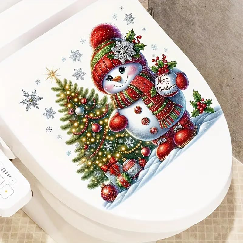 Christmas Snowman and Christmas Tree Toilet Cover Sticker Decals,Fish Bird Flower Leaf Waterproof Toilet Lid Tank Seat Decals Cistern Self-Adhesive Bathroom Wall Sticker