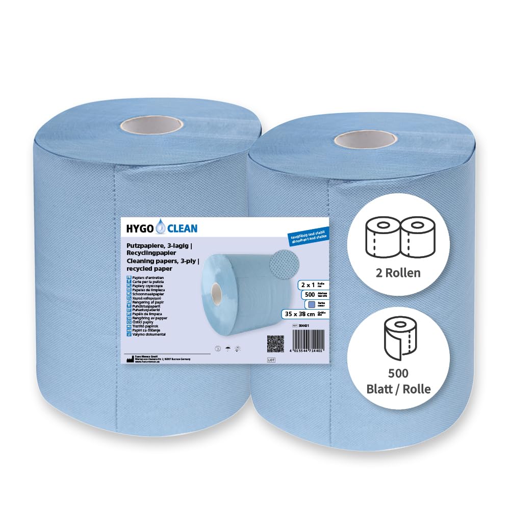 Franz Mensch HygoClean Putzpapiere, 3‑lagig, blau | Recyclingpapier, 2 Rollen, 500 Abrisse je Rolle, Kerndurchmesser 7 cm, nachhaltige Wischtücher