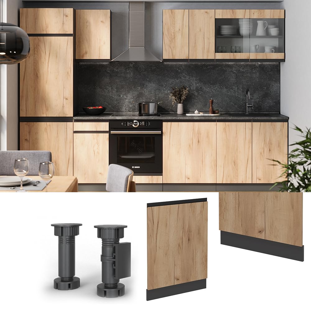 Vicco Panel Frontal del lavavajillas R-Line, Roble Dorado, 60 cm J-Shape sin encimera, para combinación Libre Dentro de Sistemas de Cocina modulares