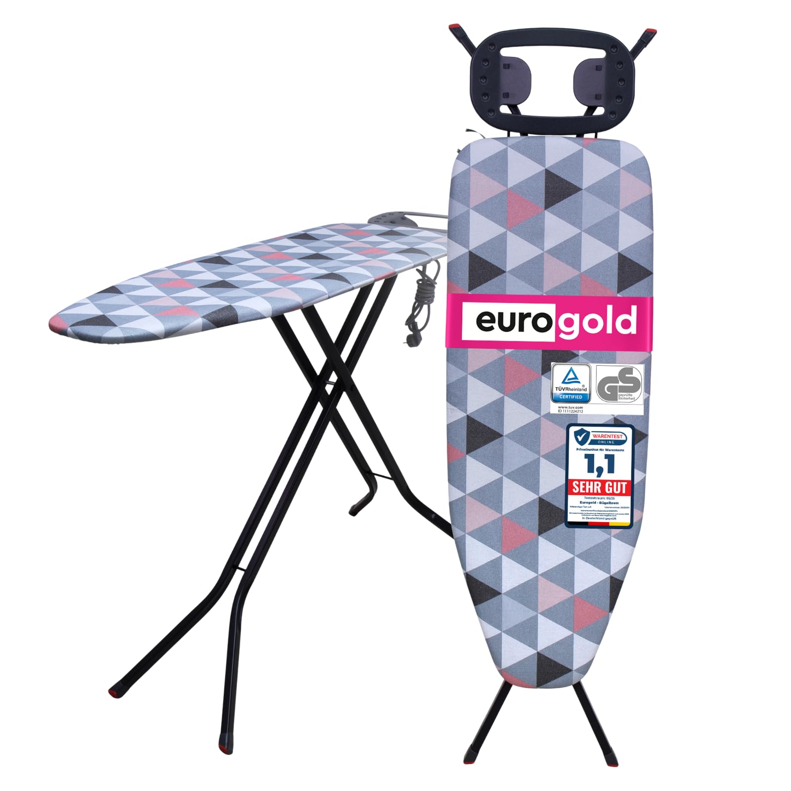 EUROGOLD® Bügelbrett mit Steckdose 120x42 cm, Nicht für Dampfbügelstation | Stabiler Bügeltisch höhenverstellbar, für zeitsparendes Bügeln, Ironing Board für Dampfbügeleisen, Made in Europe