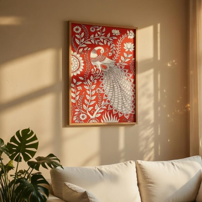 Image of Livin'luxe Folk Peacock Wall Painting with Wooden Frame | Traditional Peacock Floral Artwork HD UV Laminated MDF Wall Decor | Ethnic Bird Wall Art for Living Room Bedroom Decor