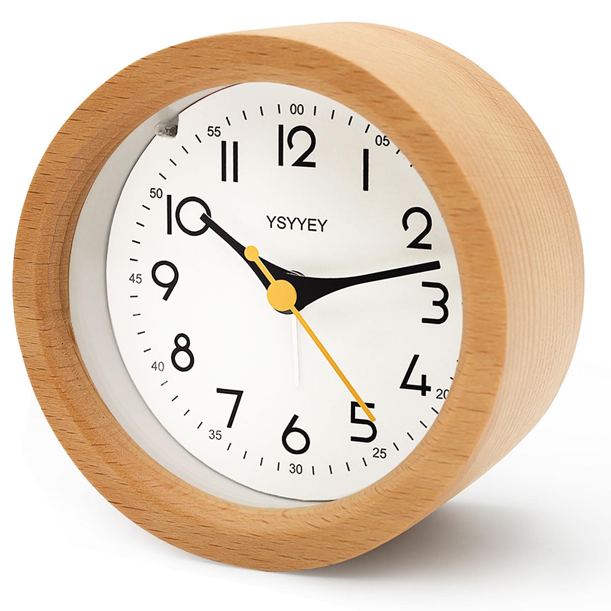 YeyYey Wooden Alarm Clock Silent Analogue – Natural Wood Bedside Clock with Snooze, Non-Ticking Sweep Movement, Battery Operated, Retro Desk Clock for Bedroom Office