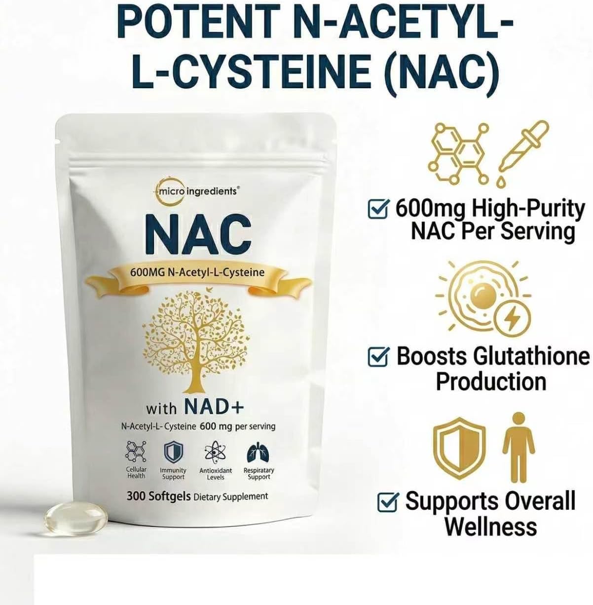 NAC Supplement with NAD+,NAC 600mg Daily Complex, N-Acetyl Cysteine Capsules with NAD+， 300 Count