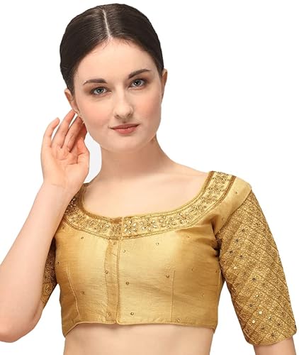 Pujia Mills Women's Embroidery Handwork Sequence Work Necklace Design Readymade Blouse (Gold, 34)