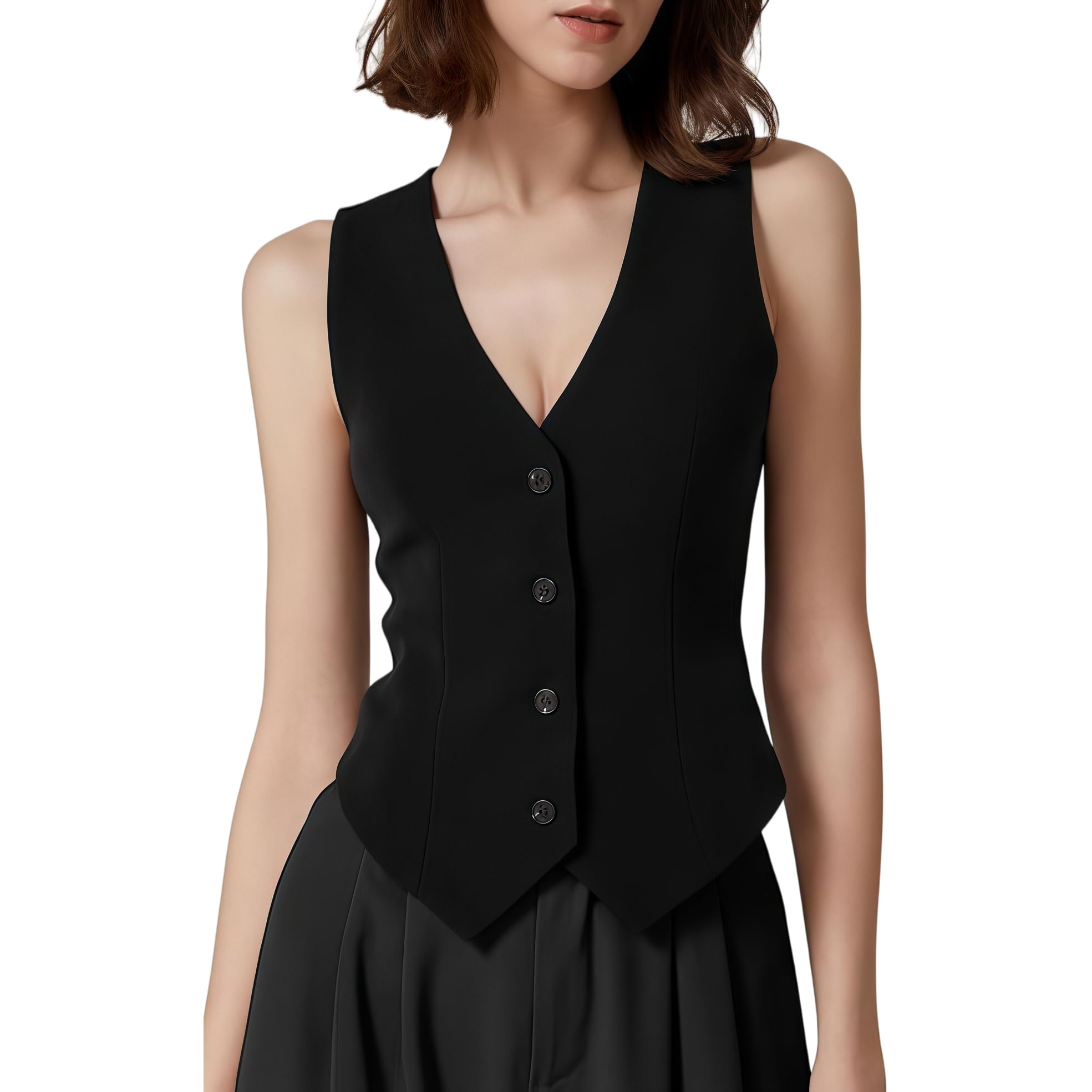 Rwgsnb Women's Black Waistcoats, Suit Waistcoats V-Neck Elegant Summer Blazer Vest Slim Button-Down Sleeveless Suits Blazers Jacket Solid Color Dressy Gilet Tops For Daily Work M