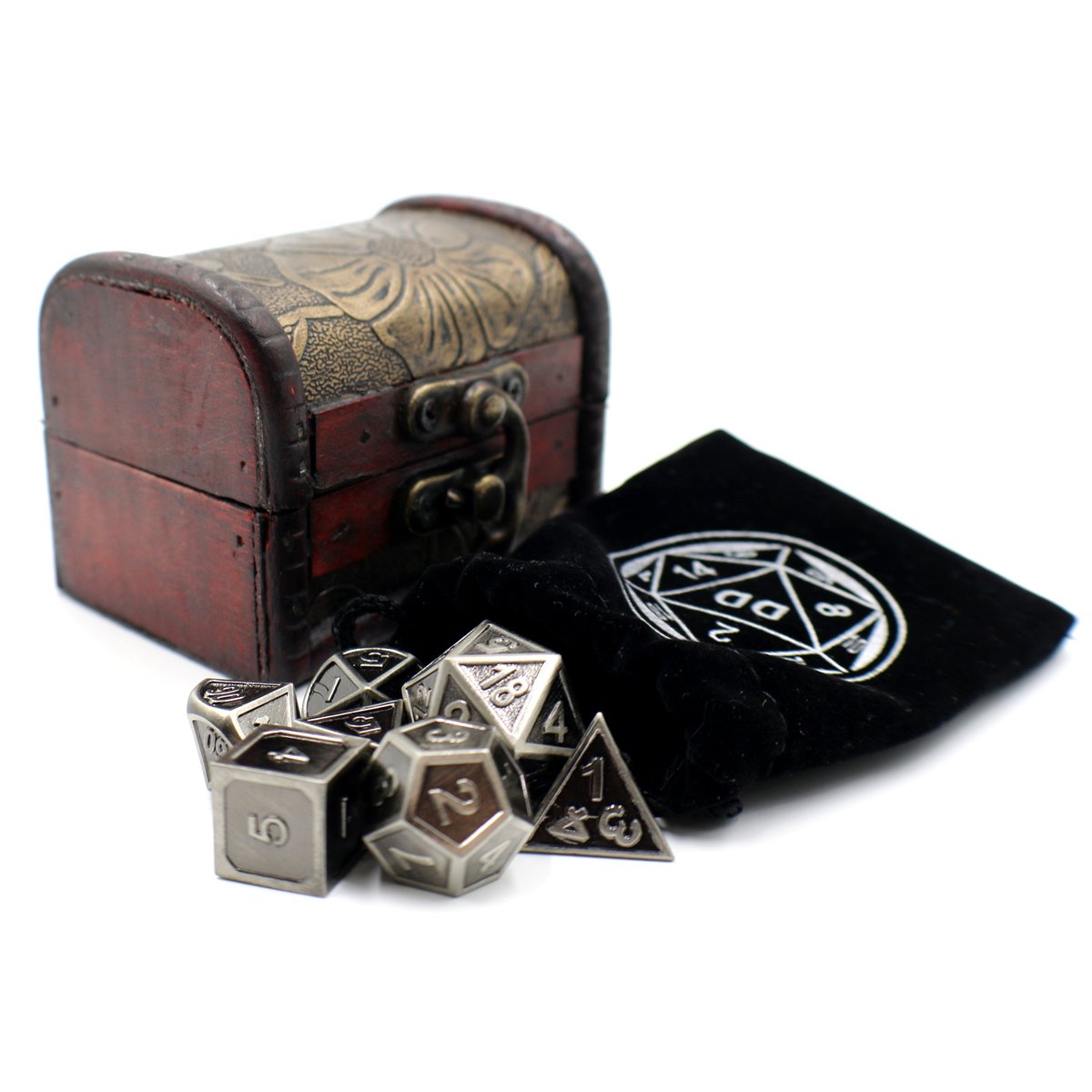 Jeu de dés en métal avec bordure argentée et coffre de rangement pour jeux de table