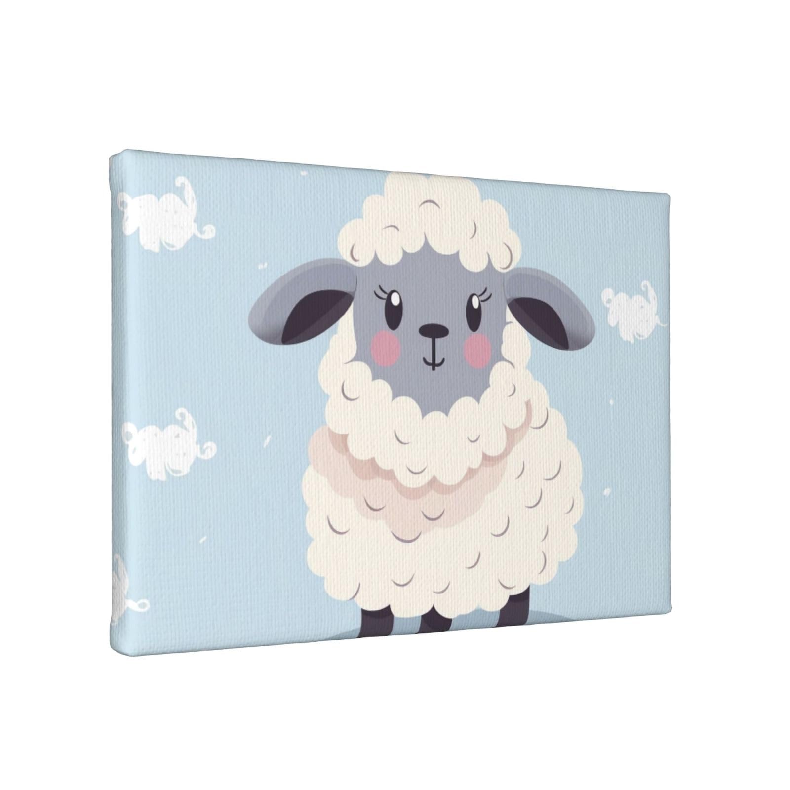 YKLJG Cute Cartoon Sheep Printed Wall Art Canvas Painting 30x20 CM Wooden Framed Picture Painting Artwork Prints for Bedroom Kitchen Home Office Decor