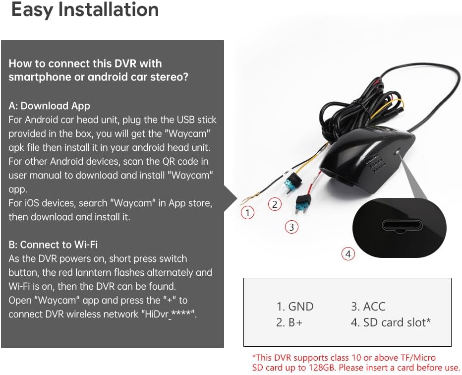 Diagram showing how to connect the XTRONS DVR to a car stereo or smartphone via Wi-Fi, including power connections (GND, B+, ACC) and an SD card slot