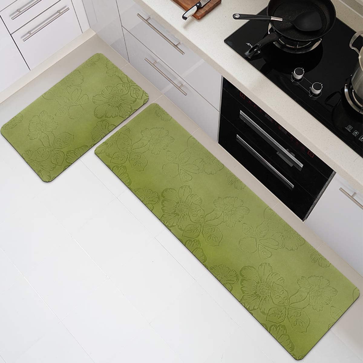 ITSOFT 2pc Natural Rubber Backed Non-Slip Kitchen Rug Set Indoor Outdoor Doormat Runner Rug Set, 17.5 x 27.5 Inches + 17.5 x 55 Inches, Green