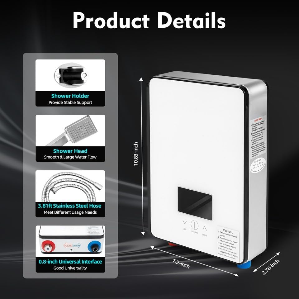 Tankless Electric Water Heater 4500W 110V Instant Hot Water System, High-Flow Point-of-Use Heater with Touch Screen & Shower Head, Wall-Mounted Design with Bottom Connections for Bathroom, RV, Salon
