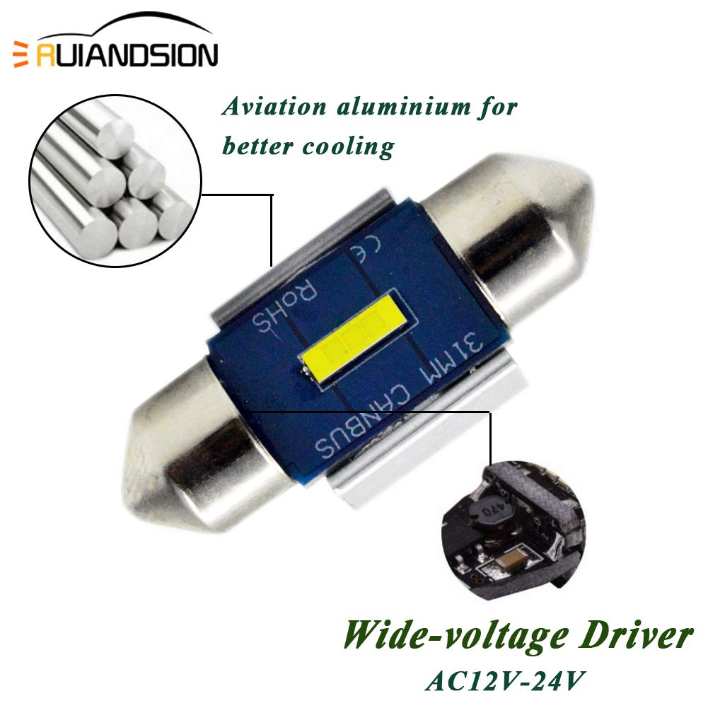 Ruiandsion 2 szt. 31 mm Festoon żarówki LED bez błędów Canbus super jasne białe chipsety 3-SMD CSP żarówka LED do wnętrza samochodu lampa mapy kopuły