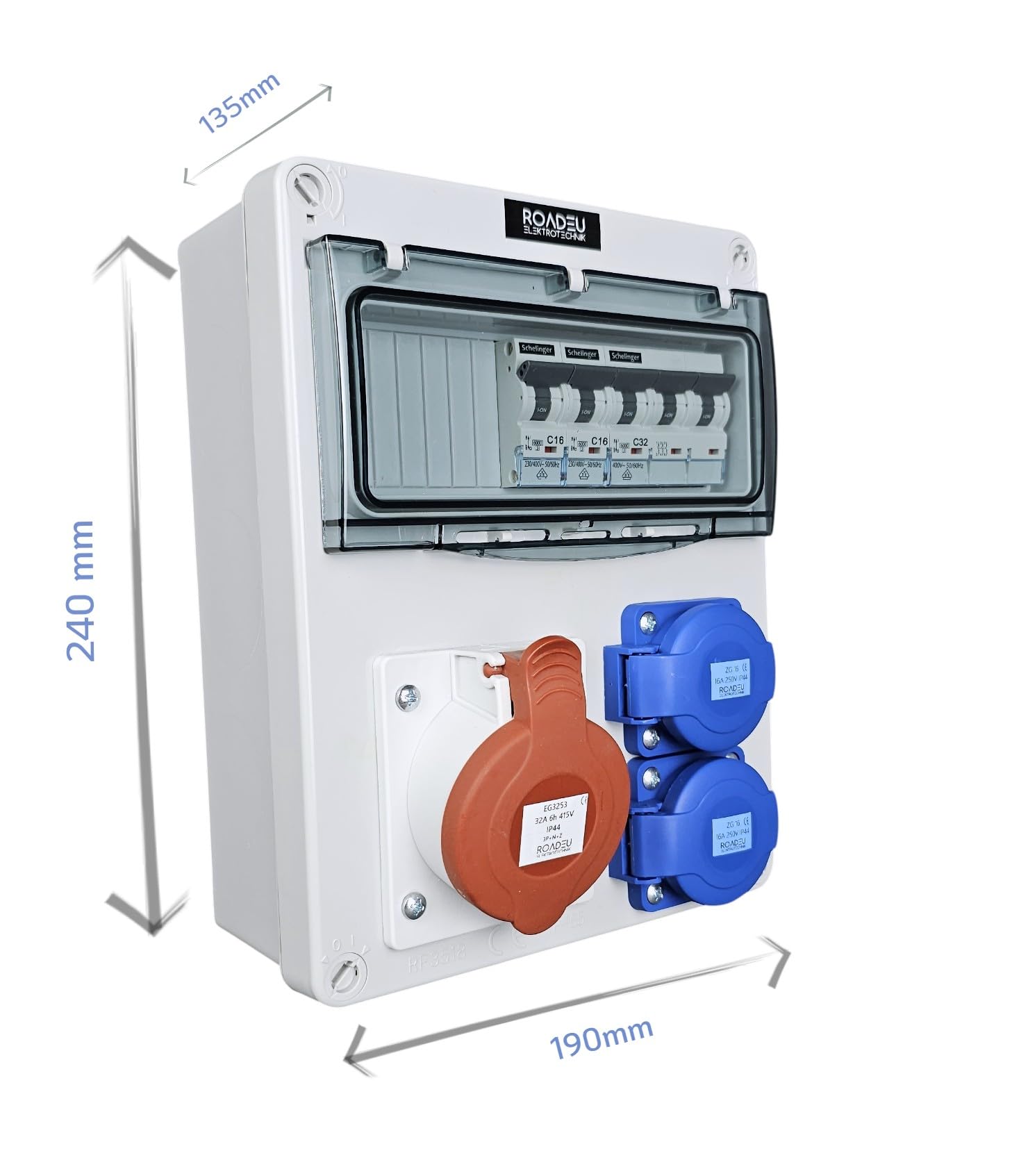RoadEu Cuadro CEE 400V IP44 con CEE 32A y 2 tomas Schuko | Magnetotérmicos C32A 3P y C16A 1P VDE, cableado 6 mm² / 2,5 mm², precableado