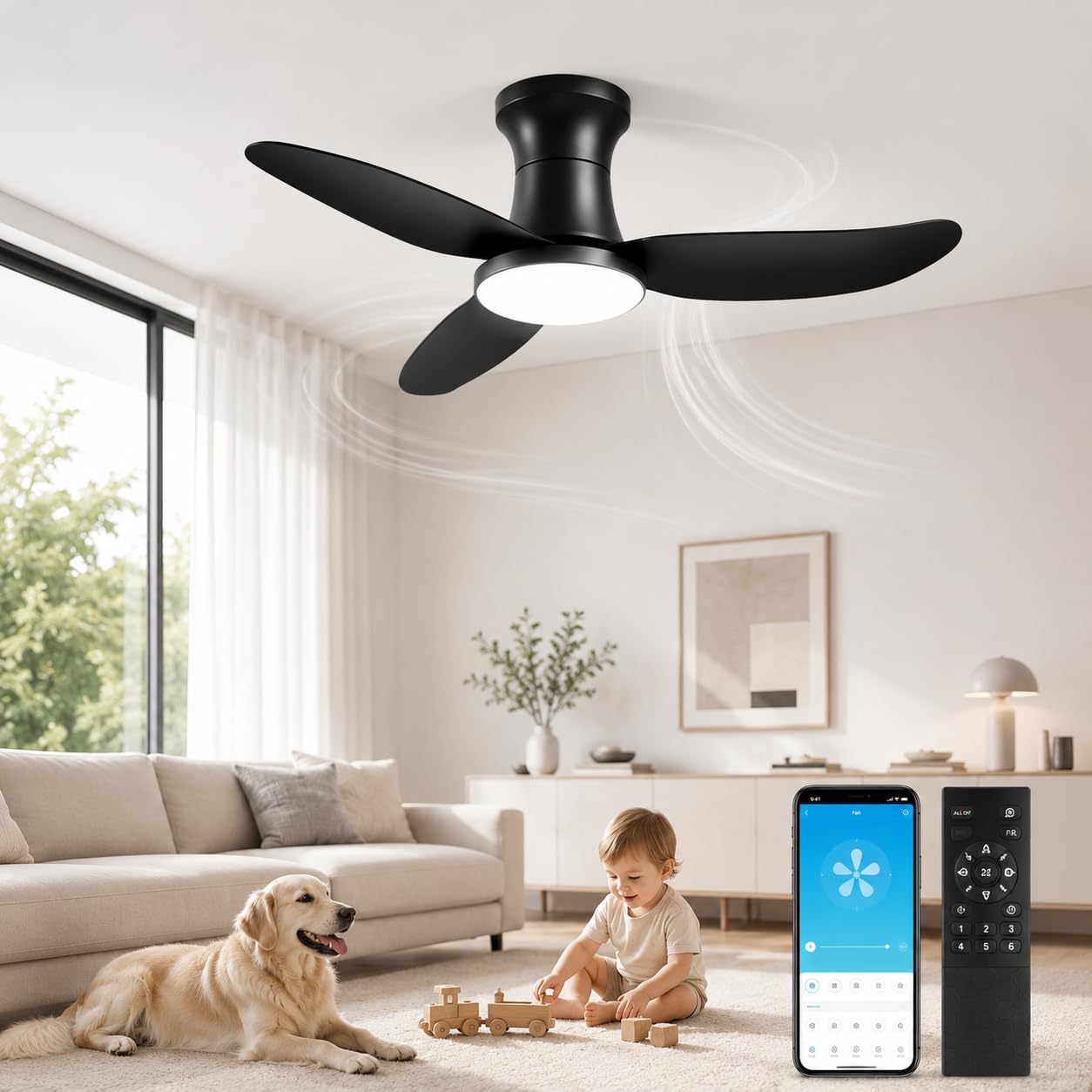 Viugreum 100 cm Black Ceiling Fan with Light and Remote Control, APP Control and Timer, Stepless Adjustable, 6 Speeds, Light Ceiling Fans for Bedroom Living Room