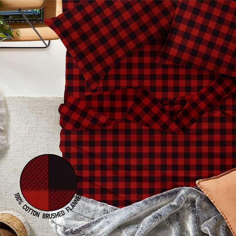 Thread Count - 100% Cotton Double Brushed Flannel Sheet Set - 170 GSM Heavyweight, Deep Pockets, Pre-Shrunk & Anti-Pill, All Around Elastic – Twin XL - Buffalo Red/Black