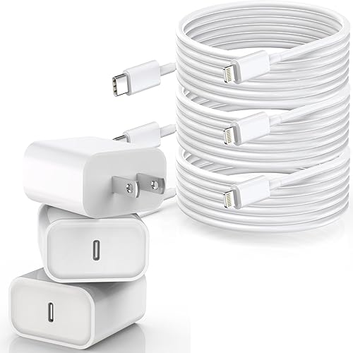 Cable de carga rápida para iPhone [certificado MFi de Apple], paquete de 3 cables de carga de teléfono de 20 W, bloque de cargador USB C,