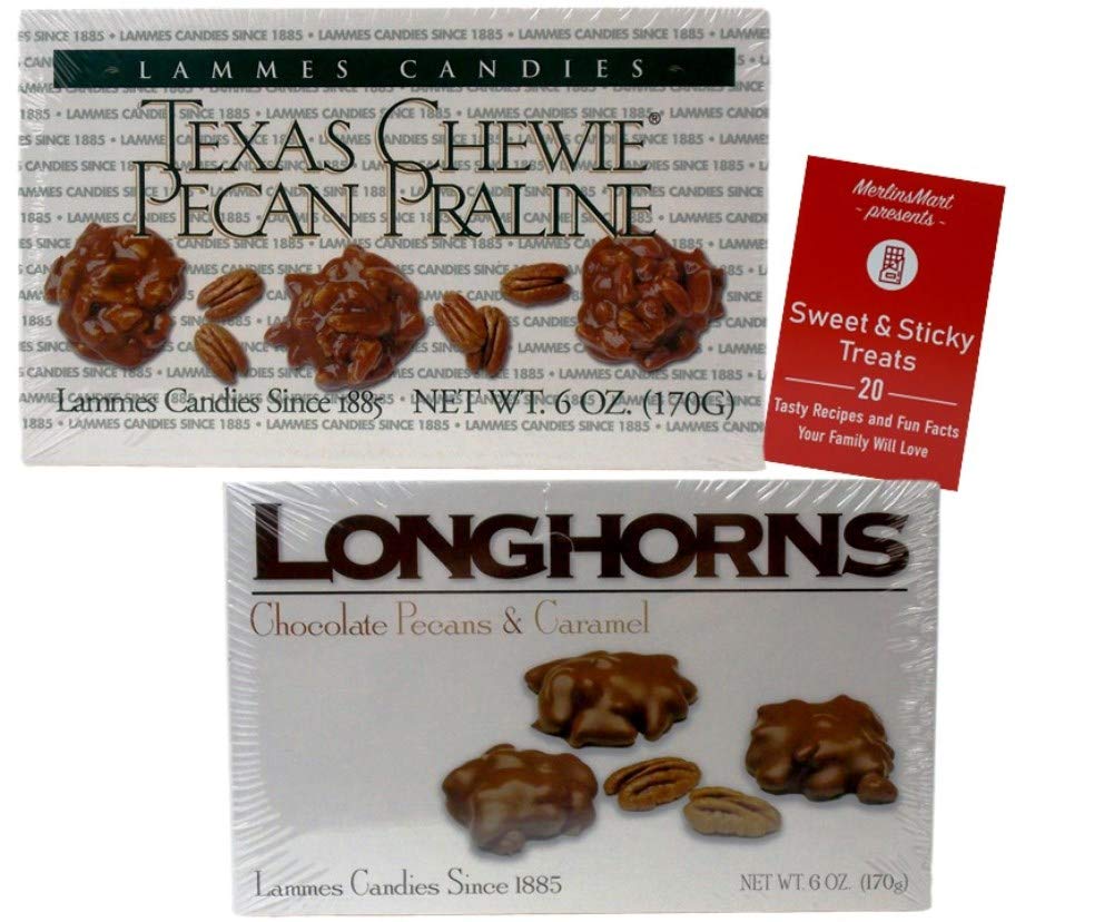 Lammes Candies Gourmet Caramel Chocolate Pecan Gift Box: (1) Texas Chewy Pecan Pralines (1) Milk Chocolate Covered Longhorns (6 ounces each) Plus Recipe Booklet Bundle