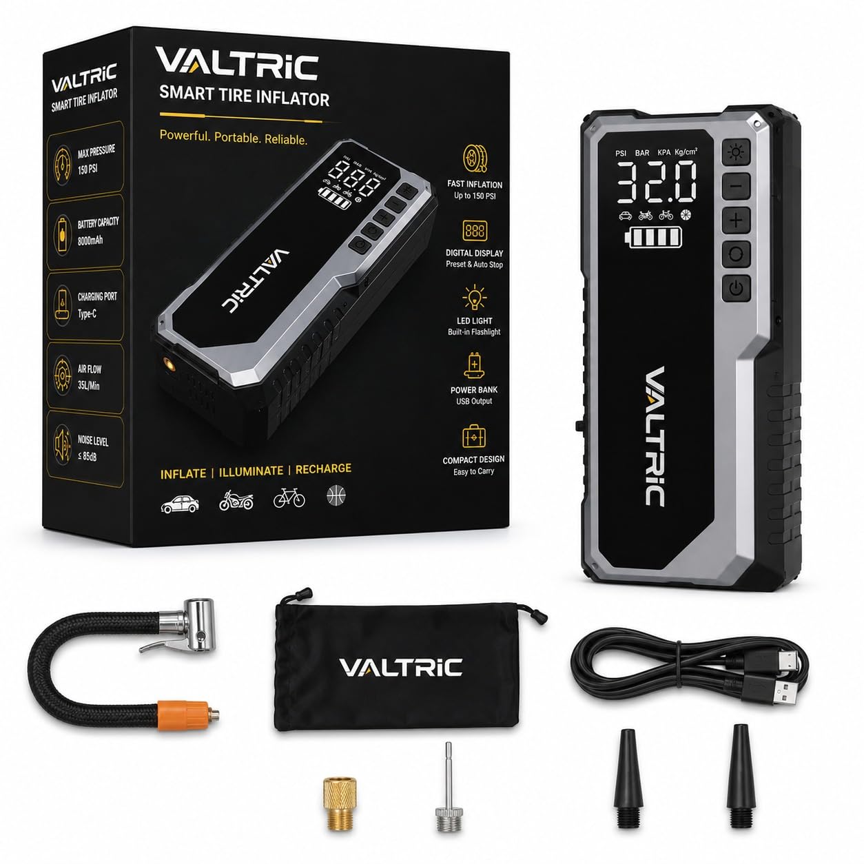 VALTRIC Cordless Tyre Inflator Air for Car and Bike 5200mAh with Digital Display, Auto Cut-Off, LED Flashlight, Emergency SOS Light & Power Bank Support for Car, Bike, Bicycle & Ball