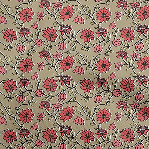 oneOone Cotton Flex Red Fabric Asian Floral Block Sewing Fabric By The Yard Printed DIY Clothing Sewing Supplies 40 Inch Wide-4442