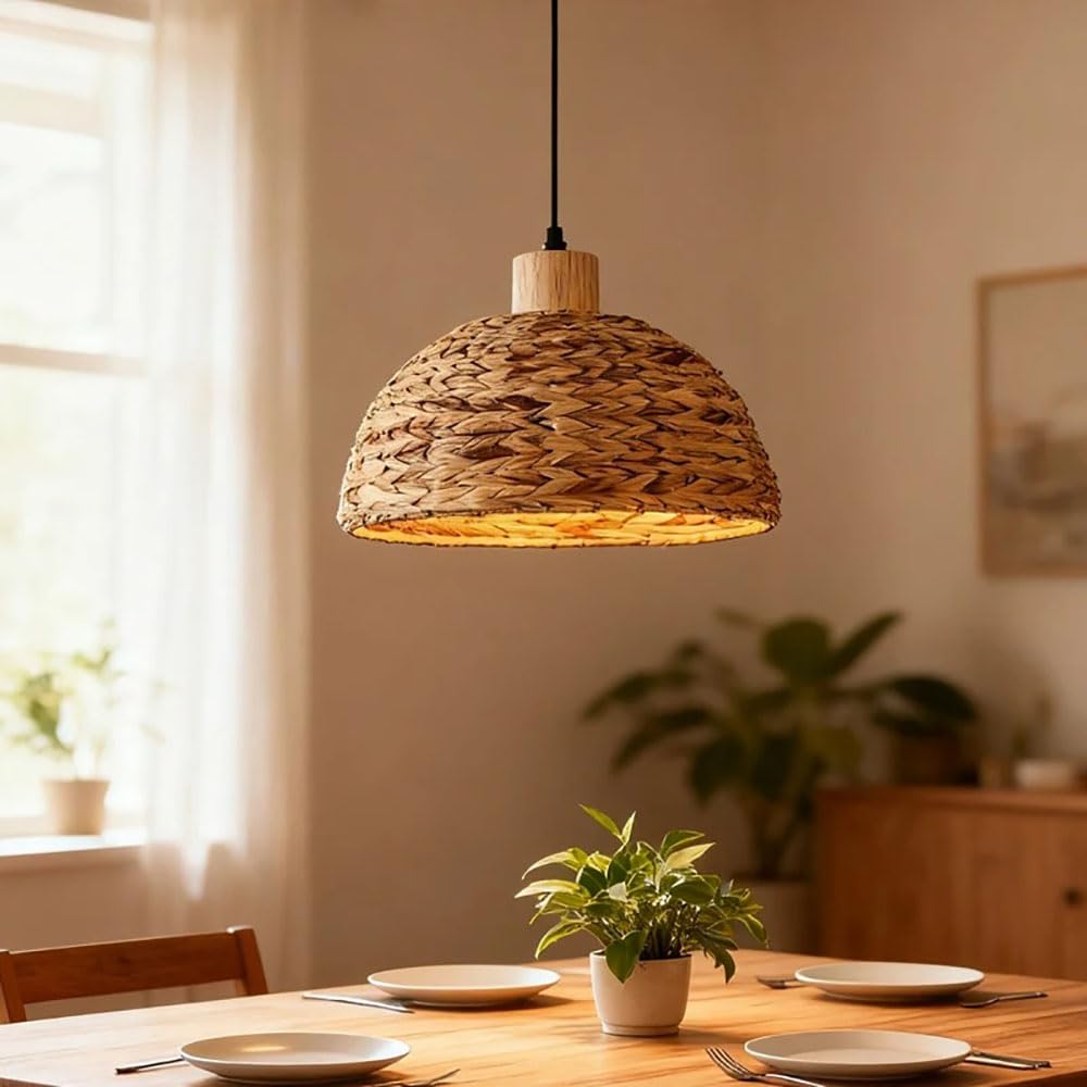 XQIDIANAA Boho Chandelier, Rustic Rattan Basket Woven Pendant Light Coastal Lamp Fixture, Farmhouse Wicker Hanging Lighting for Dining Table Kitchen Island Bedroom D11.8in