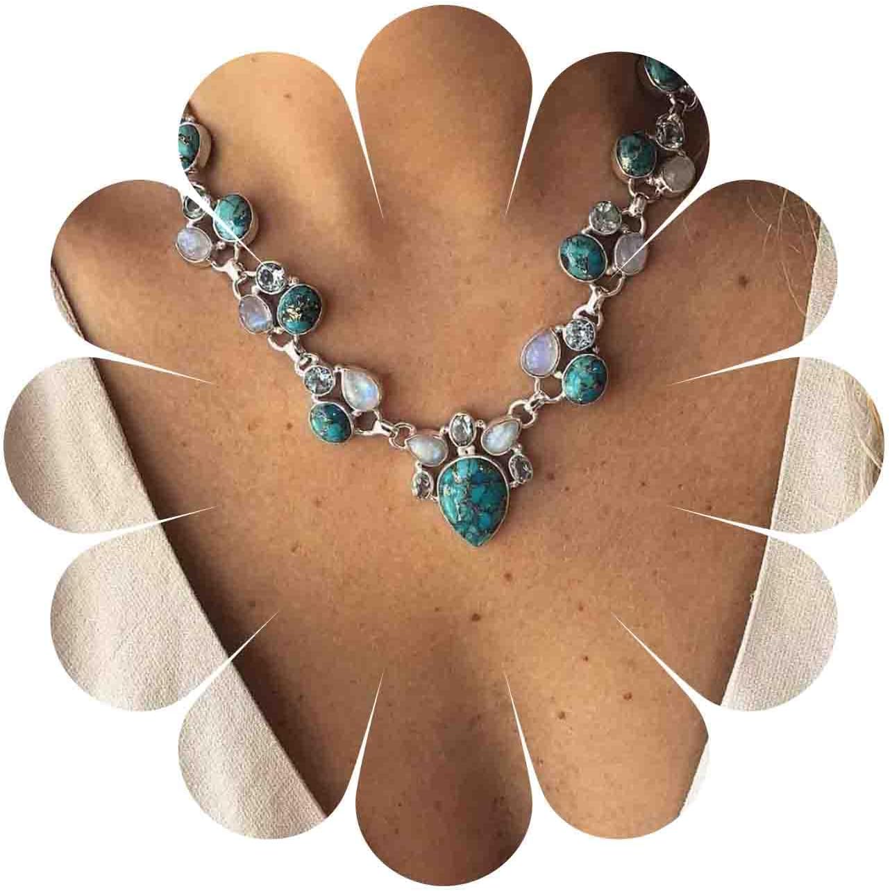 Boho Moonstone Necklace - Silver Opal Moonstone Teardrop Natural Gemstone Vintage Statement Necklace Chain Jewelry for Women and Girls (XLF-259-u)