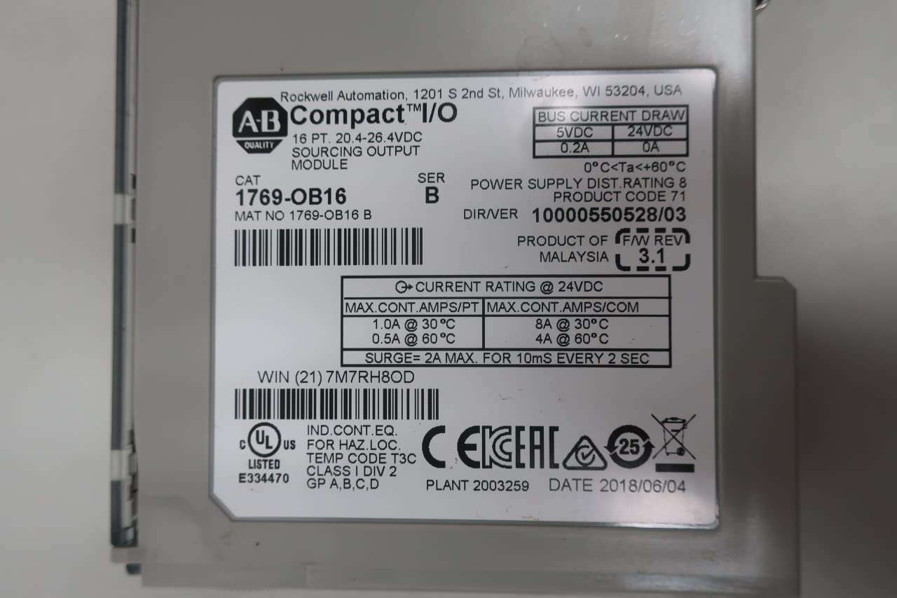 Allen-Bradley 1769-OB16 Compact I/O Output Module, label with specifications
