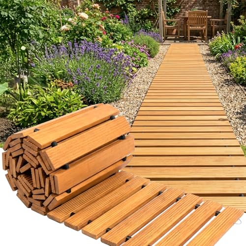 Garden Pathway 12ft Wooden Walkway Rollout Non-Slip Outdoor Path for Pool Yard Patio 17in Wide with 12 Stakes Nutaral Landscaping Edging
