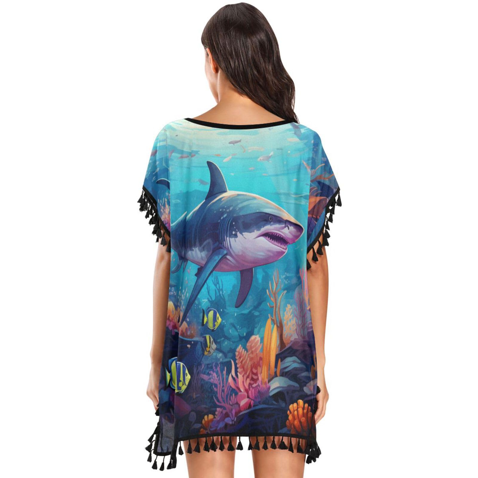 Sea Animals Shark Women's Beach Cover Up Chiffon Tassel Swimwear Swimsuit Coverups for Girl